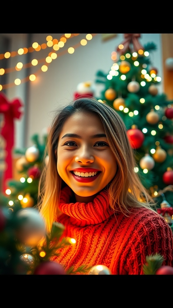 A joyful individual in a Christmas-themed setting, perfect for a festive profile picture.